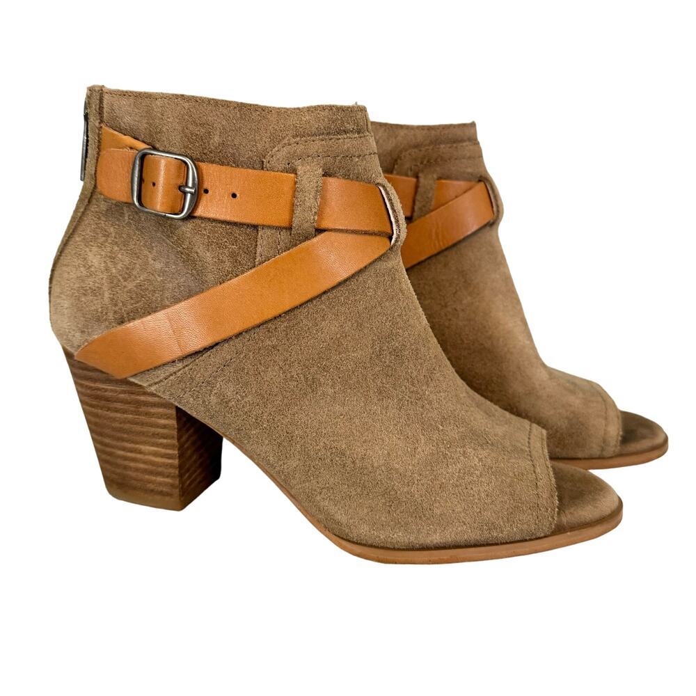Lucky Brand Ankle Booties 7 Casual Leather Buckle Strap Peep Toe Zip Heels Brown